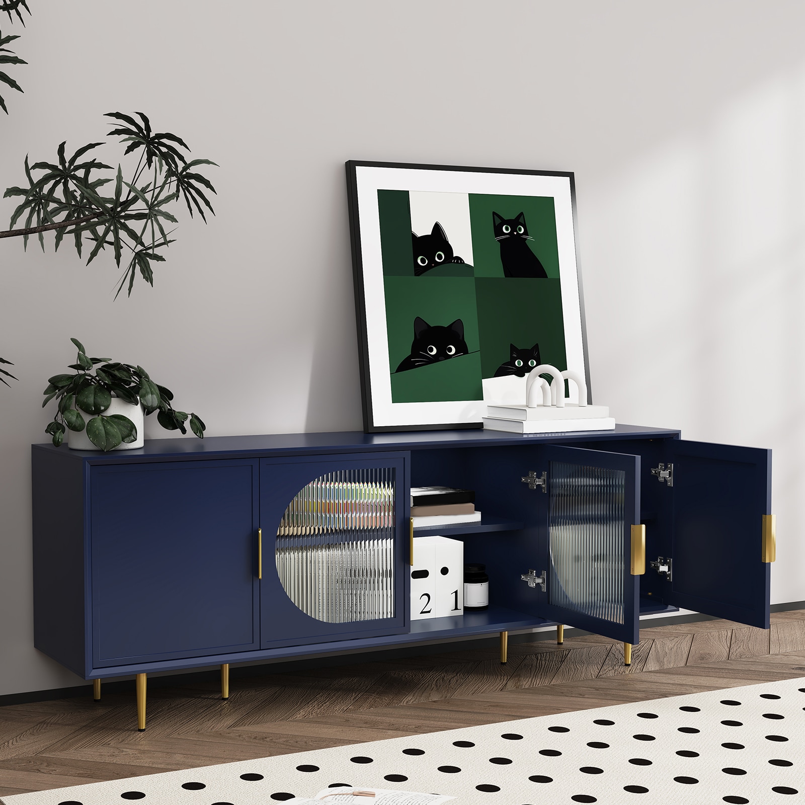 Modern TV Stand With Gold Legs, 66" Media Console For 55 Inch TVs, Entertainment Center With Glass Doors And Storage, Wooden TV Cabinet For Living Room, Bedroom_maomaolike.com